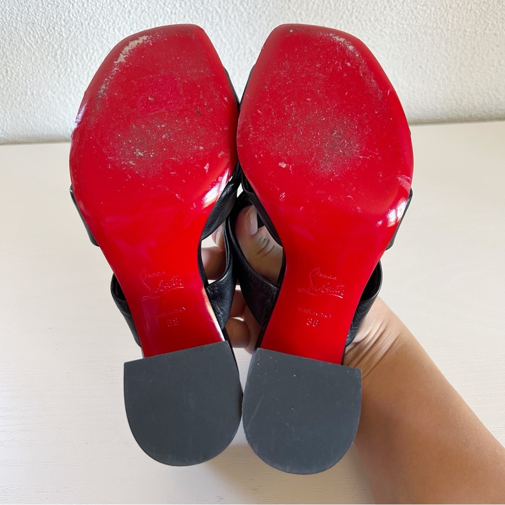 Christian Louboutin Black Leather Crisscross Block Heel Sandals with Red Sole - Picture 12 of 13